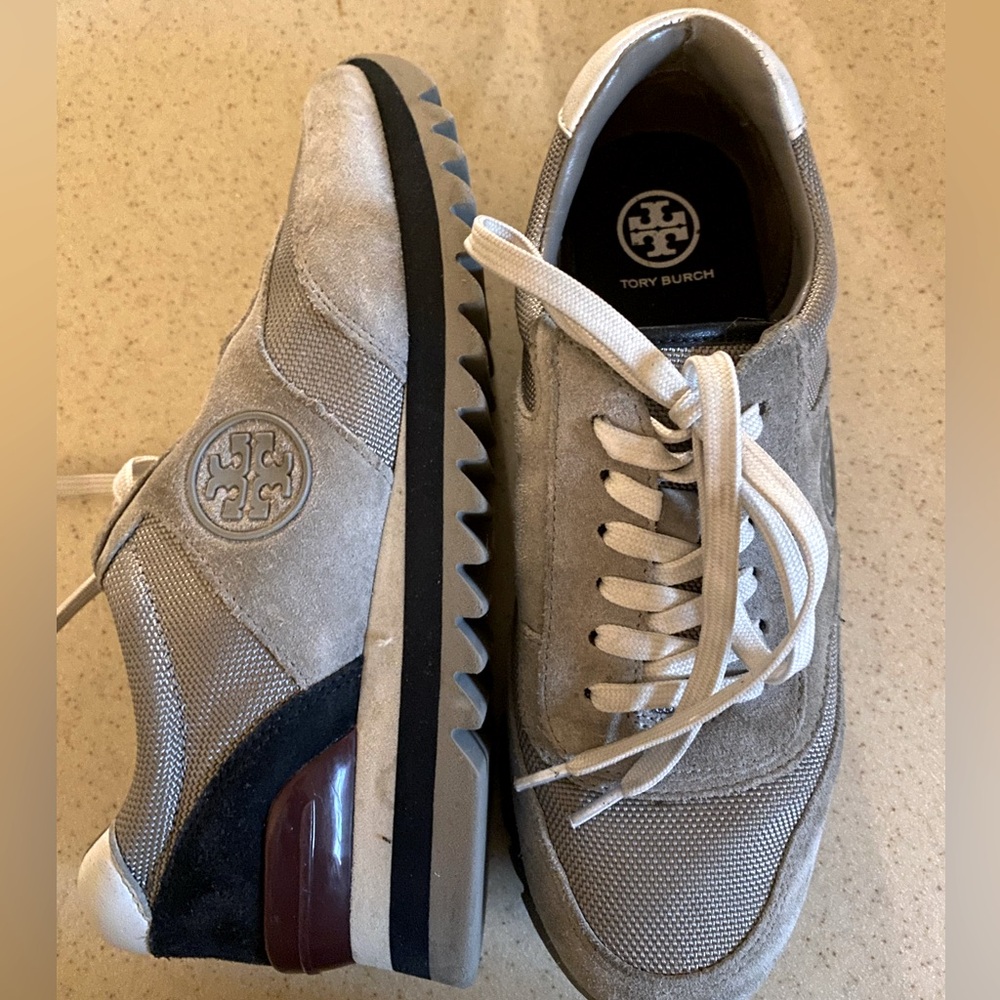 Tory Burch Gray and Black Suede Sneakers